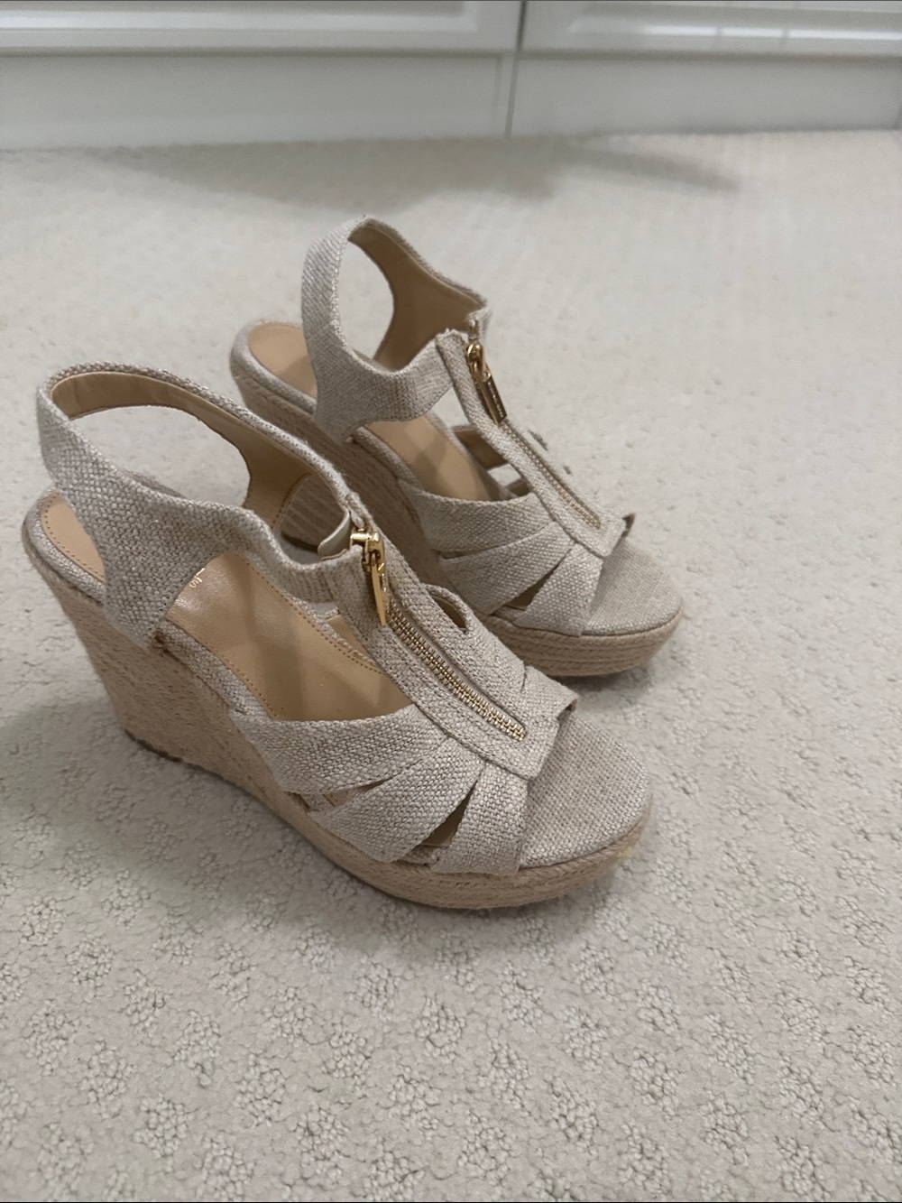 MICHAEL Michael Kors Beige Espadrille Wedge Sandals with Gold Zip